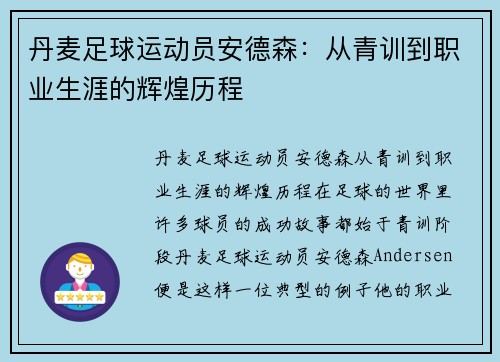 丹麦足球运动员安德森：从青训到职业生涯的辉煌历程